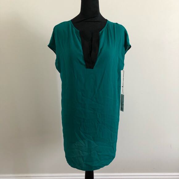 Three Eighty Two XS Green Caftan Mini Dress‎ Jungle V-Neck Cap Sleeve NWT - Picture 1 of 8